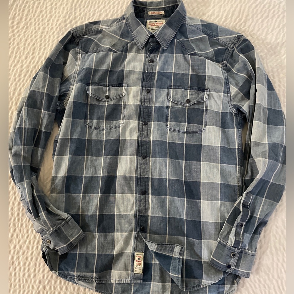 LUCKY BRAND CALIFORNIA FIT Check Print Cotton Western‎ Cut Workshirt in Blue M